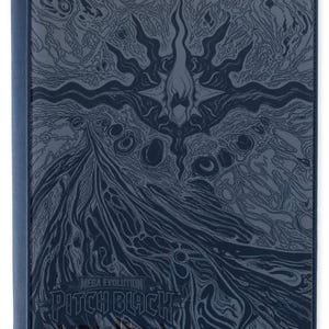 May include: A dark blue zippered binder featuring a complex, abstract graphic design in a lighter shade of blue. The cover displays the text "MEGA EVOLUTION" above "PITCH BLACK" and the brand name "vaultx" embossed in a dark, subtle font.