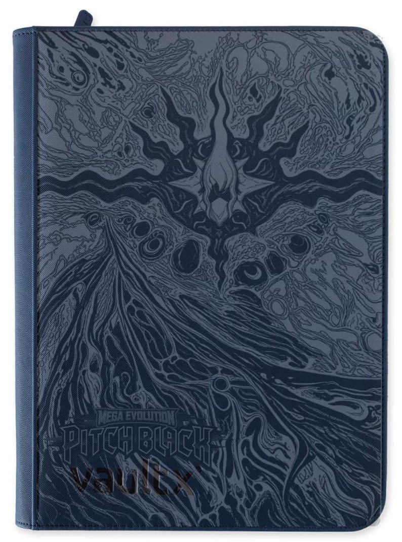 May include: A dark blue zippered binder featuring a complex, abstract graphic design in a lighter shade of blue. The cover displays the text "MEGA EVOLUTION" above "PITCH BLACK" and the brand name "vaultx" embossed in a dark, subtle font.
