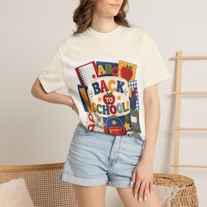 Back to School School Supplies T-Shirt | Backpack, Notebook, Apple, ABC, Patchwork