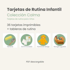 Könnte beinhalten: Ein digitaler Download mit Kinder-Routinekarten. Die Karten zeigen Illustrationen für Aktivitäten wie Haare kämmen, Nickerchen machen, einen Mantel anziehen und Spielzeug aufräumen. Der Text lautet "Tarjetas de Rutina Infantil".