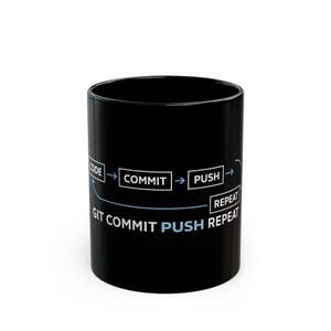 May include: Black ceramic mug with the text "GIT COMMIT PUSH REPEAT" in white and light blue. The design includes a flow chart with the words "CODE", "COMMIT", "PUSH", and "REPEAT".