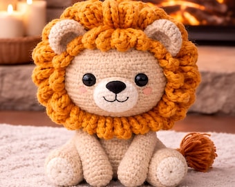 Schema per realizzare un leone amigurumi realistico all'uncinetto, tutorial per un animale di peluche in stile safari (in inglese e tedesco)