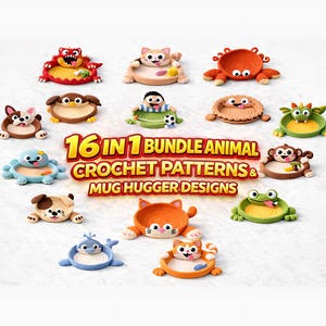 Zestaw 16 w 1 wzorów na szydełkową podstawkę w kształcie zwierzątka, wzór na szydełkowy uchwyt na kubek, samouczek PDF na uroczy uchwyt na kubek ze zwierzątkiem, szydełkowanie przyjazne dla początkujących