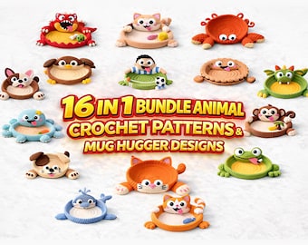 Pacchetto di 16 modelli all'uncinetto per sottobicchieri a forma di animali, modello per porta-tazza all'uncinetto, tutorial PDF per porta-tazza a forma di animale carino, uncinetto adatto ai principianti