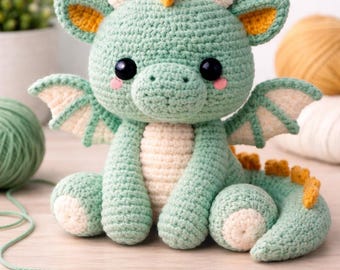 Guida all'uncinetto per realizzare un drago realistico, creatura fantasy in amigurumi di livello esperto, peluche fai da te a forma di drago azzurro mitologico (inglese e tedesco)