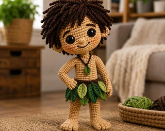 Jungle Boy Amigurumi Crochet Pattern, Chibi Doll DIY (Video Tutorial + PDF)