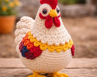 Modello realistico di gallo, giocattolo di pollo all'uncinetto, uccello amigurumi, giocattolo di animali da fattoria, download PDF (lingua inglese e tedesca)