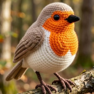 Könnte beinhalten: Gehäkelter Rotkehlchen-Vogel mit braunem Kopf und Flügeln, weißem Bauch und orangefarbener Brust. Der Vogel hat schwarze Augen und einen schwarzen Schnabel. Er sitzt auf einem Ast.
