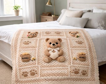 Schema per coperta all'uncinetto a forma di orsetto, coperta all'uncinetto 3D per principianti a forma di orsetto, schemi per coperte all'uncinetto a forma di orsetto, schema per coperta all'uncinetto