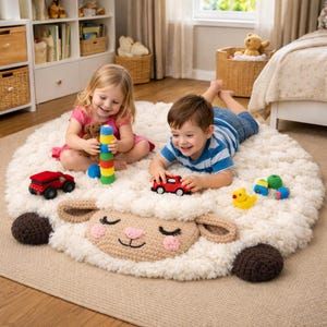 May include: A round, cream-coloured rug with a crocheted sheep face design. The rug has a fluffy texture and is decorated with brown, pink, and beige details. Two children are playing on the rug with toys.