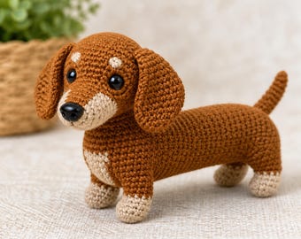 Dachshund dog Crochet Pattern, Amigurumi Sausage Dog PDF Toy, Beginner Crochet Guide ( English , German , Spanish)
