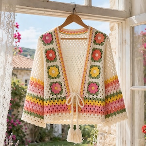 Puede incluir: Cárdigan de crochet color crema con detalles florales coloridos. El suéter de frente abierto presenta patrones florales cuadrados en rosa, amarillo y naranja, con mangas a rayas y un cierre de lazo. El cárdigan está colgado en una percha de madera.