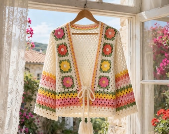Modello di cardigan all'uncinetto, giacca Summer Circles in formato PDF, maglione facile da realizzare in stile nonna - taglie dalla XS alla 3XL, cardigan all'uncinetto: guida facile, tutorial per il modello di cardigan