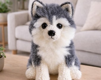 Schema all'uncinetto per cane Siberian Husky in PDF, schema realistico per cane grigio soffice in amigurumi con istruzioni sulla pelliccia, cucciolo realistico (4 lingue)