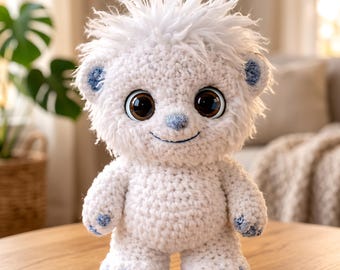 Schema per realizzare uno Yeti all'uncinetto, un Bigfoot in piedi e seduto, amigurumi in formato PDF (inglese, spagnolo, tedesco, francese).