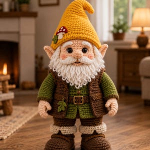 May include: A handcrafted crochet gnome doll featuring a yellow hat, white beard, and brown boots. The gnome is dressed in a green shirt and brown waistcoat, secured with a buckle belt. A red mushroom adorns the hat. The doll stands on a wooden floor.