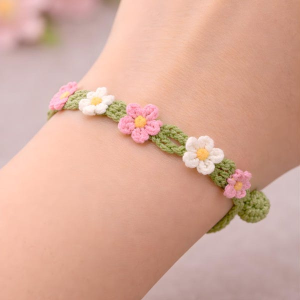 Crochet Bracelet Pattern PDF , Daisy Adjustable Flower , DIY Crochet Flower ,  Beginner | Gift