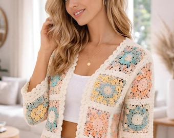 Schema per cardigan all'uncinetto in formato PDF, giacca Summer Circles, maglione Easy Grandma - XS-3XL, guida facile per cardigan all'uncinetto, tutorial per schema cardigan