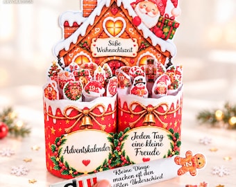 Pode incluir: Um calendário do advento de papelão vermelho e branco em forma de casa de pão de mel com uma figura de Papai Noel, recortes numerados de 1 a 24 e texto em alemão, incluindo "Süße Weihnachtszeit", "Adventskalender" e "Jeden Tag eine kleine Freude".