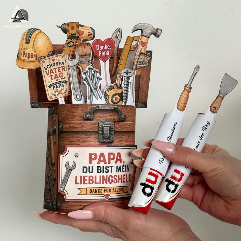 Printable Geschenkset für Papa mit Schokoladenbanderolen und Werkzeug Motiven