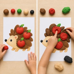 May include: A craft activity featuring a printed hedgehog illustration on white paper, decorated with red modelling clay apples and brown clay spines. Small balls of brown, red, green, beige, and black modelling clay are arranged at the top.