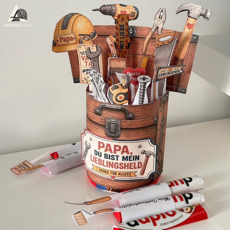 DIY Vatertag Geschenk für Papa mit Duplo Schokolade und Werkzeugkasten Druckvorlage