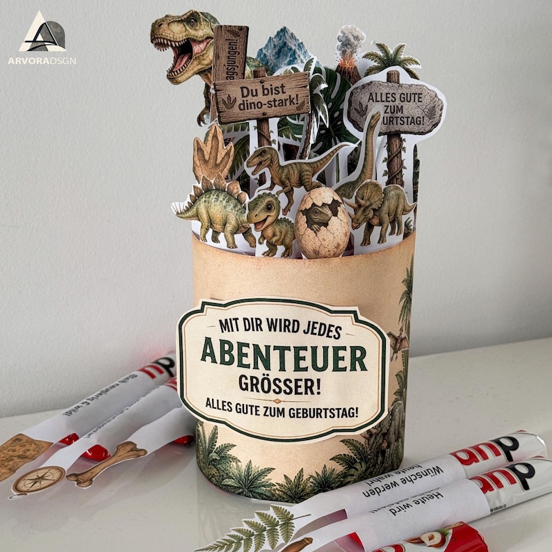Dino Geburtstag Geschenk mit Duplo Schokolade und selbstgemachter Druckvorlage für Kinder