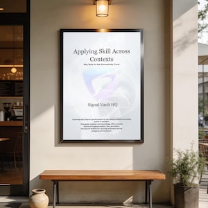 Puede incluir: Un póster rectangular con marco negro montado en una pared, que presenta el texto Applying Skill Across Contexts, Why Skills Do Not Automatically Travel y Signal Vault HQ, con fondo blanco y elementos gráficos abstractos en morado y blanco.
