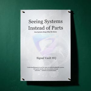 Può includere: Un poster rettangolare bianco con testo nero che recita Seeing Systems Instead of Parts, How Symbols Shape What We Notice, Signal Vault HQ e un paragrafo sulla comprensione dei sistemi. Il poster presenta una tenue grafica viola e bianca.