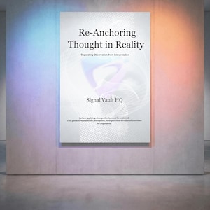 Può includere: Un poster rettangolare bianco con il testo Re-Anchoring Thought in Reality, Separating Observation from Interpretation, Signal Vault HQ e un paragrafo sulla chiarezza. Il poster presenta un tenue motivo grafico bianco ed è appeso a una parete.