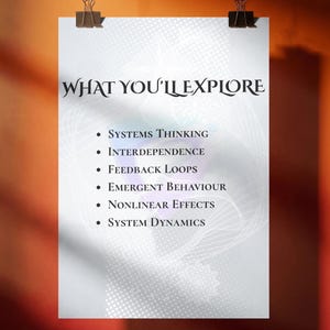 Op de afbeelding: Een witte rechthoekige poster die aan twee zwarte metalen clips hangt. De tekst luidt WHAT YOU'LL EXPLORE, gevolgd door een opsomming: Systems Thinking, Interdependence, Feedback Loops, Emergent Behaviour, Nonlinear Effects, System Dynamics.