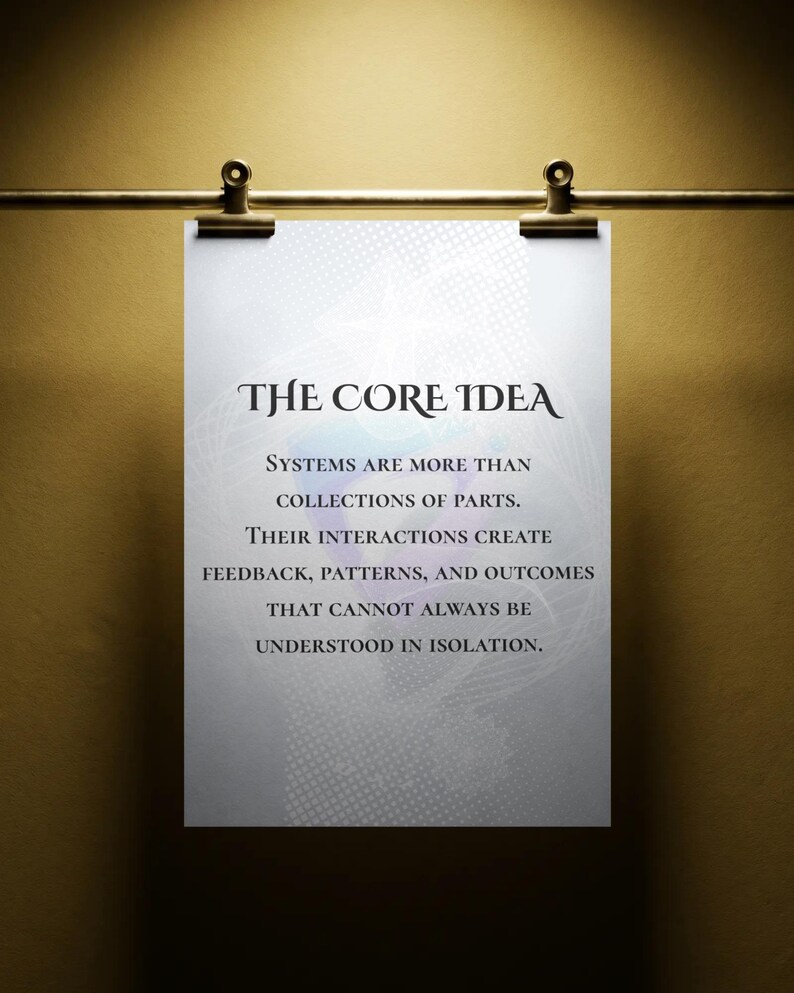 Op de afbeelding: Een witte rechthoekige poster die aan een gouden metalen stang met twee clips hangt. De poster bevat de tekst: THE CORE IDEA. SYSTEMS ARE MORE THAN COLLECTIONS OF PARTS. THEIR INTERACTIONS CREATE FEEDBACK, PATTERNS, AND OUTCOMES THAT CANNOT ALWAYS BE UNDERSTOOD IN ISOLATION.