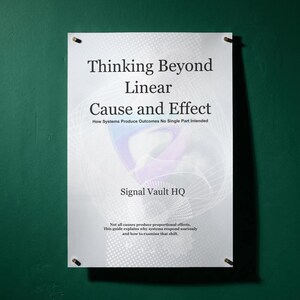 May include: A rectangular white poster with black text reading Thinking Beyond Linear Cause and Effect, How Systems Produce Outcomes No Single Part Intended, Signal Vault HQ, and a note about proportional effects, featuring a faint purple graphic.