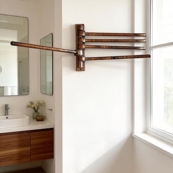 Wall-mounted rotating drying rack for bathroom in walnut wood mini or maxi