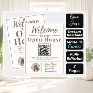 Könnte beinhalten: Eine weiße rechteckige Schildvorlage für ein Open House mit dem Text Welcome To Our Open House, einem zentralen QR-Code, einem kreisförmigen Fotoplatzhalter und Kontaktfeldern für einen Immobilienmakler sowie fünf schwarzen Infotasten.
