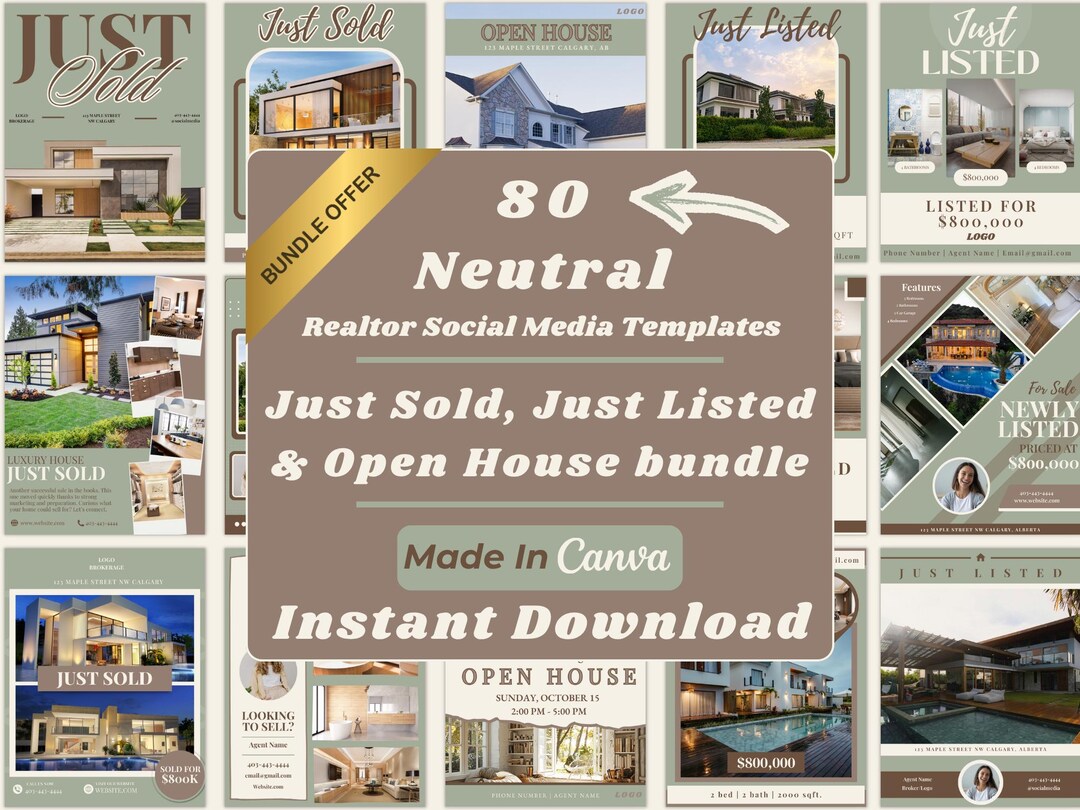 Earth Tone Real Estate Canva Templates Bundle | Just Listed Sold Open ...