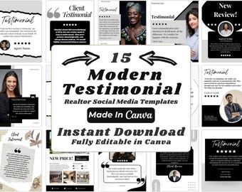 Modelli Instagram in bianco e nero per testimonianze di agenti immobiliari / 15 post modificabili per social media immobiliari con Canva / Download digitale