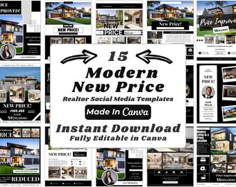 Modelli Instagram in bianco e nero con prezzi migliorati per agenti immobiliari / 15 post modificabili per i social media immobiliari con Canva