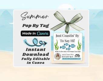 Etichette Pop By Summer per agenti immobiliari, modello Canva, regalo per clienti immobiliari a tema spiaggia, etichette Pop By costiere modificabili