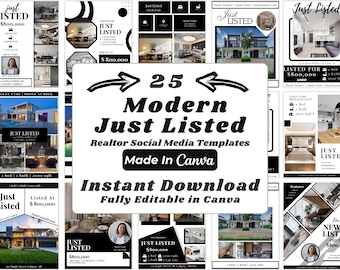 Modelli Instagram in bianco e nero per annunci immobiliari per agenti immobiliari / Post per social media immobiliari modificabili con Canva / Download digitale minimale