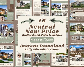 Modelli Instagram migliorati con tonalità della terra per agenti immobiliari / 15 post modificabili per social media immobiliari su Canva / Download digitale