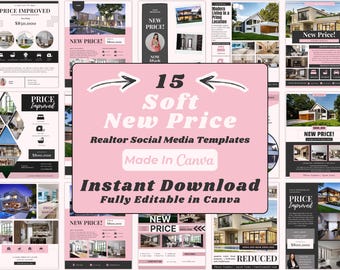 Pink Price Modelli Instagram migliorati per agenti immobiliari / 15 post per social media immobiliari modificabili con Canva / Download digitale