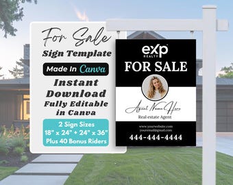 Black and White For Sale Sign Template for Realtors | Editable Canva Real Estate Yard Sign | 18x24 24x36 Digital Download