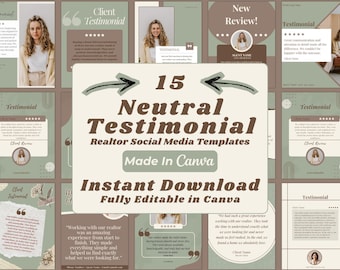Modelli Instagram per testimonianze di agenti immobiliari in tonalità naturali / 15 post modificabili per social media immobiliari su Canva / Kit di marketing neutro