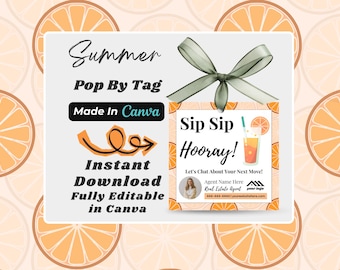Modello Canva modificabile per etichette immobiliari estive a comparsa / Etichetta regalo per cliente agente immobiliare / Etichetta "Sip Sip Hooray Lemonade" / Download immediato