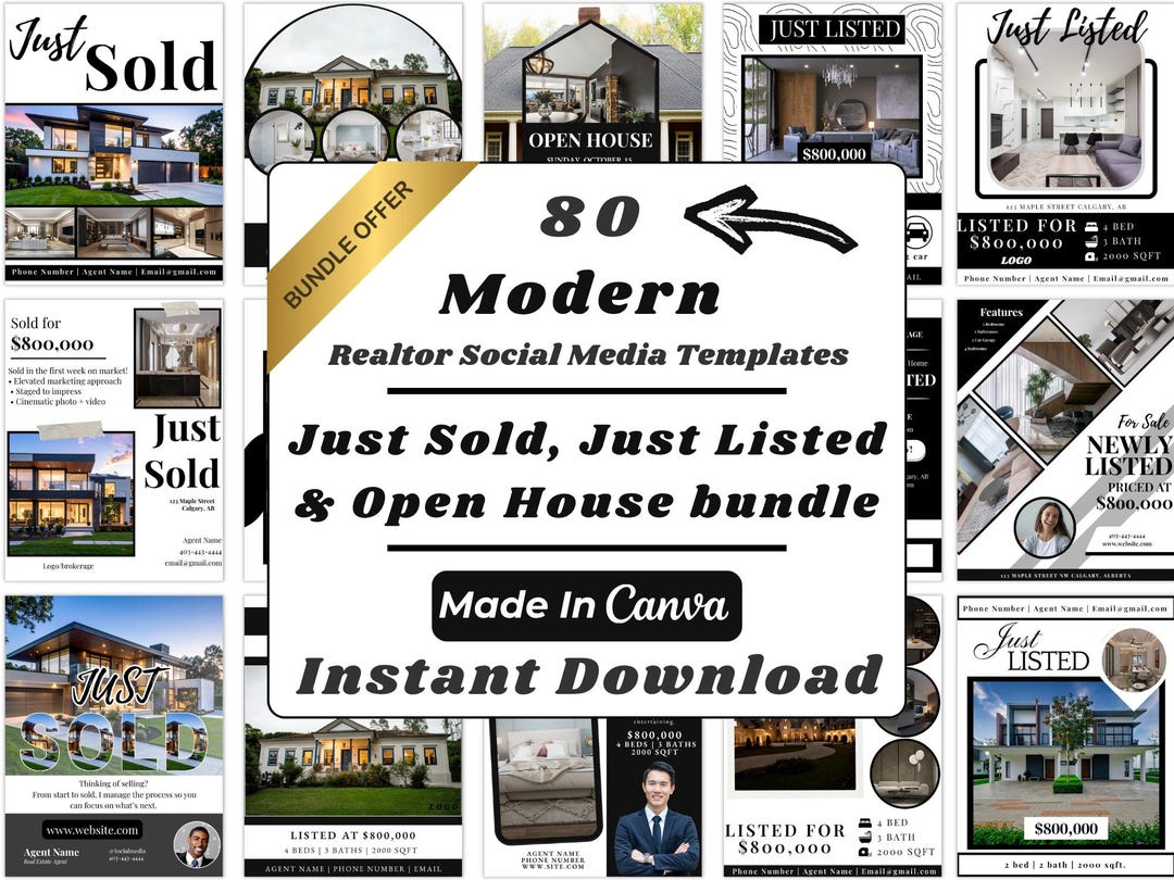 Black & White Real Estate Canva Templates Bundle | Just Listed Sold ...