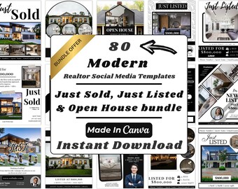 Pacchetto di modelli Instagram per il settore immobiliare in bianco e nero / 80 post modificabili per agenti immobiliari su Canva / Annunci appena messi in vendita, Annunci appena venduti, Open House