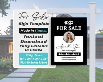 Modern For Sale Sign Template for Realtors | Editable Canva Real Estate Yard Sign | 18x24 24x36 Digital Download | 40 Bonus Riders