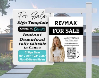 Plantilla de cartel de venta para agentes inmobiliarios / Cartel de jardín inmobiliario editable en Canva / Descarga digital de 18x24 y 24x36 pulgadas / 40 anexos adicionales