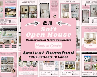 Modelli Instagram rosa per open house per agenti immobiliari / Post per social media immobiliari modificabili con Canva / Download digitale